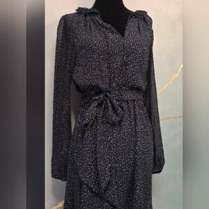 LOFT Navy and White Speckled Sheer Long Sleeve Dress Elasitc Tie Waist S